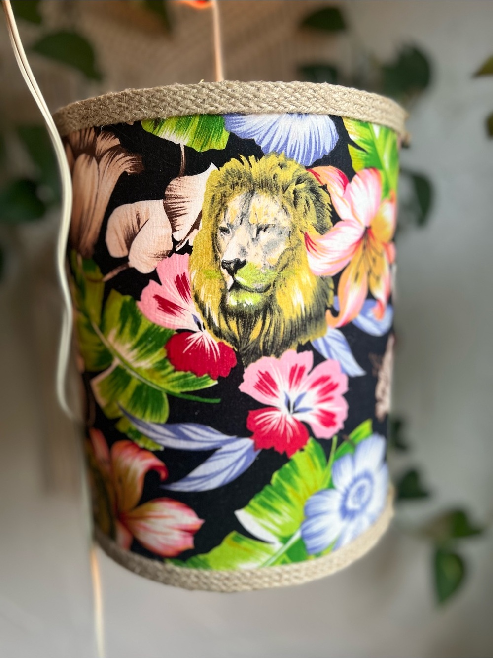 Tropical Lion Hanging Pendant Lamp | Boho Jungle Floral Ceiling Light | Safari